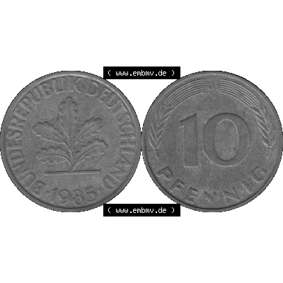 BRD Münzen 10 Pf. Umlaufmünze in PNG 1950-2001, 10 Pfennig 1985 D-01 Graustufen. Graustufen-Bilder der Vorderseite und Rückseite mit Wert-Zahl auf einen Bild / Foto... Sammlung