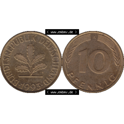 BRD Münzen 10 Pf. Umlaufmünze in PNG 1990-2001, 10 Pfennig 1993 A-01. Vorderseite und Rückseite mit Wert-Zahl auf einen Bild / Foto der digitalisierten 10 Pfennig... Sammlung
