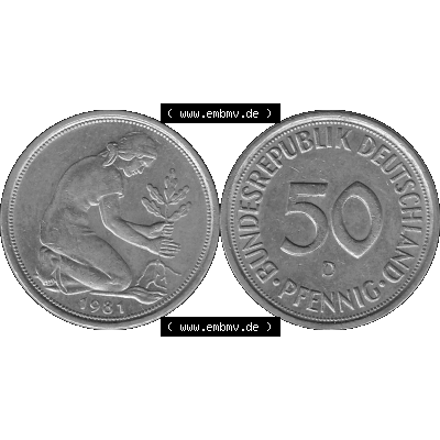 BRD Münzen Deutschland D 50 Pf. Umlaufmünze in Graustufen PNG 1950-2001, 50 Pfennig 1981 Münzzeichen "D" für München - "D"-01 Graustufen.... Sammlung