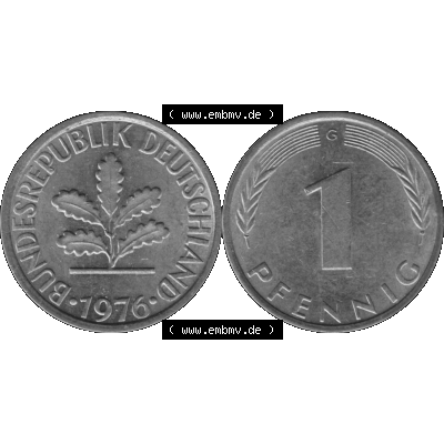BRD Münzen 1 Pfennig BRD-Deutschland Umlaufmünze in Graustufen PNG 1950-2001, 1 Pfennig 1976, 1970er Jahre Münzstätte Karlsruhe G-01. Graustufen-Bilder der Vorderseite... Sammlung