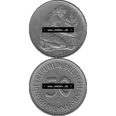 BRD Münzen Deutschland D 50 Pf. Umlaufmünze in Graustufen PNG 1950-2001, 50 Pfennig 1987 Münzzeichen "D" für München - "D"-01 Graustufen.... Sammlung