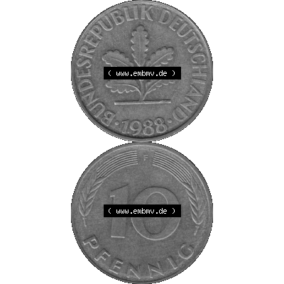BRD Münzen 10 Pf. Umlaufmünze in PNG 1950-2001, 10 Pfennig 1988 F-01 Graustufen. Graues-Bild aus farbigen Bild erstellt mit Vorderseite und Rückseite auf einen Bild /... Sammlung