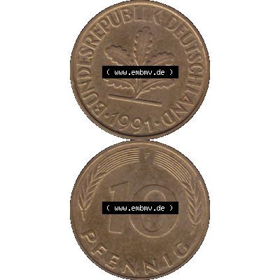 BRD Münzen 10 Pf. Umlaufmünze in PNG 1950-2001, 10 Pfennig 1991 F-01. Vorderseite und Rückseite auf einen Bild / Foto vertikal untereinander zusammengefügt,... Sammlung