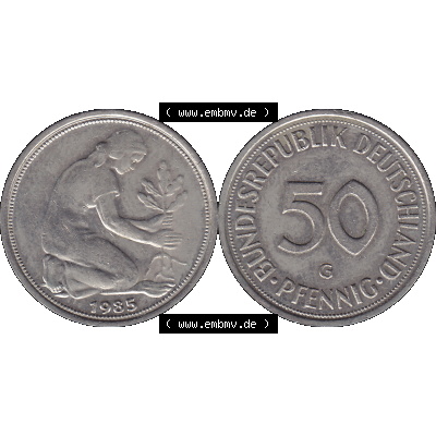 BRD Münzen 50 Pf. Umlaufmünze in PNG 1950-2001, 50 Pfennig BRD Deutschland 1985 Münzstätte in Karlsruhe Mzz. G-01. 50 Pfennig Münze BRD der 1980-er Jahre.... Sammlung