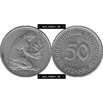 BRD Münzen Deutschland J 50 Pf. Umlaufmünze in Graustufen PNG 1950-2001, 50 Pfennig 1981 Münzzeichen "J" für Hamburg "J"-01 Graustufen. PNG Computer-Grafik... Sammlung
