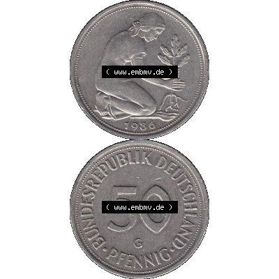 BRD Münzen 50 Pf. Umlaufmünze in PNG 1950-2001, 50 Pfennig 1986 G-01. Vorderseite und Rückseite auf einen Bild / Foto vertikal untereinander zusammengefügt,... Sammlung