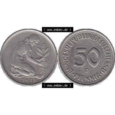 BRD Münzen 50 Pf. Umlaufmünze in PNG 1950-2001, 50 Pfennig BRD Deutschland 1988 München D-1. Transparente Vorderseite und Rückseite als PNG-Grafik mit Wert-Zahl... Sammlung