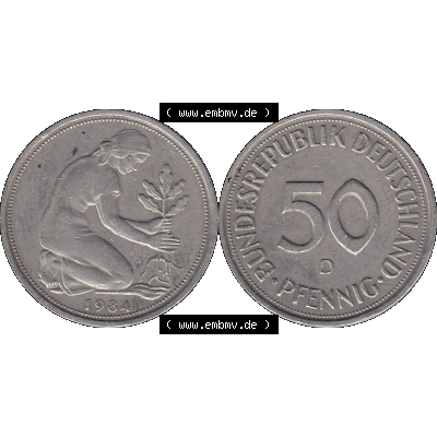BRD Münzen 50 Pf. Umlaufmünze in PNG 1950-2001, 50 Pfennig BRD Deutschland 1984 D-01. 50 Pfennig Münze der 1980-er Jahre, Vorderseite und Rückseite mit Wert-Zahl... Sammlung
