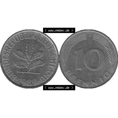 BRD Münzen 10 Pf. Umlaufmünze in PNG 1950-2001, 10 Pfennig 1989 F-01 Graustufen. Graustufen-Bild aus Farbigen Bilder mit Vorderseite und Rückseite mit Wert-Zahl auf einen... Sammlung