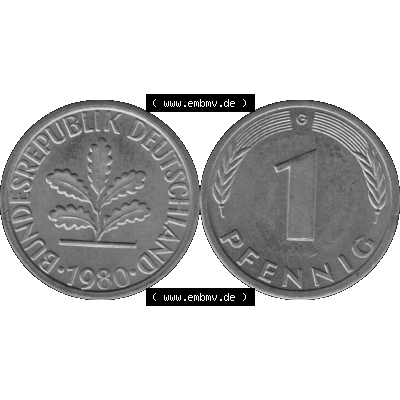 BRD Münzen 1 Pfennig BRD-Deutschland Umlaufmünze in Graustufen PNG 1950-2001, 1 Pfennig 1980, 1980er Jahre Münzstätte Karlsruhe G-01. Graustufen-Bilder der Vorderseite... Sammlung