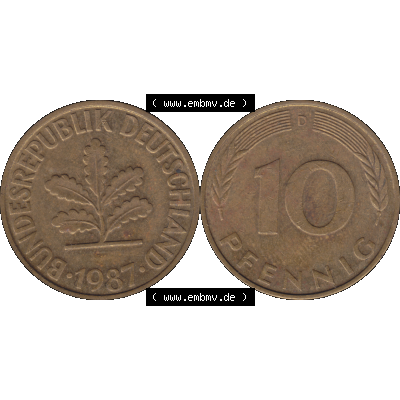 BRD Münzen 10 Pf. Umlaufmünze in PNG 1950-2001, 10 Pfennig 1987 D-01. Vorderseite und Rückseite mit Wert-Zahl auf einen Bild / Foto der digitalisierten 10 Pfennig... Sammlung