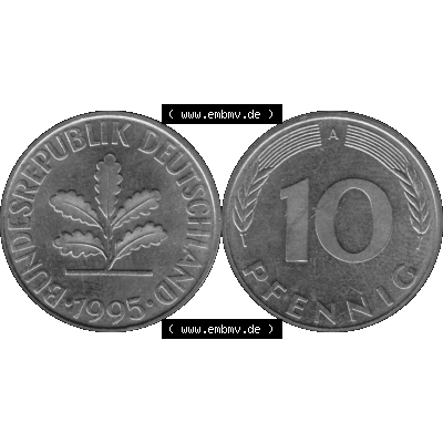 BRD Münzen 10 Pf. Umlaufmünze in PNG 1990-2001, 10 Pfennig 1995 A-01 Graustufen. Graustufen-Bilder der Vorderseite und Rückseite mit Wert-Zahl auf einen Bild / Foto... Sammlung