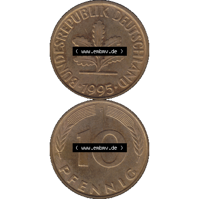 BRD Münzen 10 Pf. Umlaufmünze in PNG 1950-2001, 10 Pfennig 1995 F-01. Vorderseite und Rückseite auf einen Bild / Foto vertikal untereinander zusammengefügt,... Sammlung