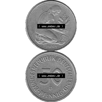 BRD Münzen Deutschland D 50 Pf. Umlaufmünze in Graustufen PNG 1950-2001, 50 Pfennig 1991 Münzzeichen "D" für München - "D"-01 Graustufen.... Sammlung