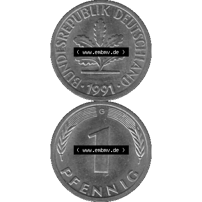 BRD Münzen 1 Pfennig BRD-Deutschland Umlaufmünze in Graustufen PNG 1950-2001, 1 Pfennig 1991, 1990er Jahre Münzstätte Karlsruhe G-01. Graustufen-Bild erstellt aus... Sammlung
