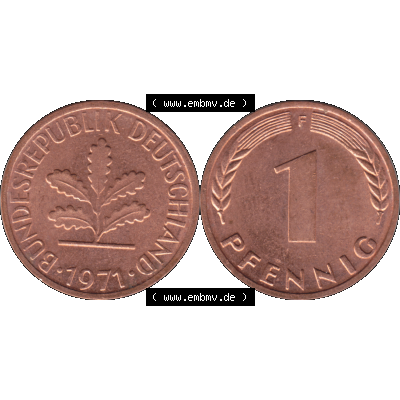 BRD Münzen 1 Pfennig Umlaufmünze in PNG 1950-2001, 1 Pfennig 1971, 1970er Jahre Stuttgart F-01. Die PNG-Grafik zeigt eine 1 Pfennig Münze der Bundesrepublik Deutschland.... Sammlung