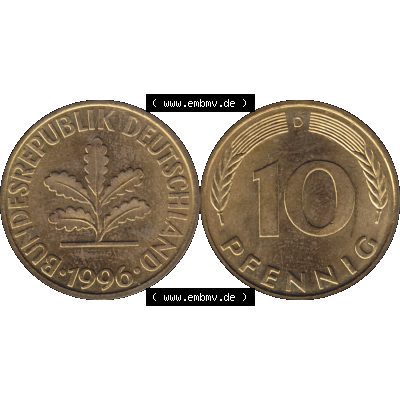 BRD Münzen 10 Pf. Umlaufmünze in PNG 1950-2001, 10 Pfennig 1996 D-01. Vorderseite und Rückseite mit Wert-Zahl auf einen Bild / Foto der digitalisierten 10 Pfennig... Sammlung
