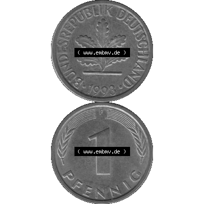 BRD Münzen 1 Pfennig Umlaufmünze in Graustufen PNG 1950-2001, 1 Pfennig 1993, 1990er Jahre Mzz. F-01. Graues-Bild 1 Pfennig F aus farbigen Bild erstellt mit Vorderseite... Sammlung
