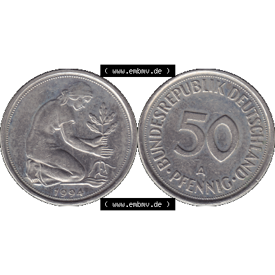 BRD Münzen 50 Pf. Umlaufmünze in PNG 1990-2001, 50 Pfennig BRD Deutschland 1994 Mzz. Berlin A-1. Transparente Vorderseite und Rückseite als PNG-Grafik mit Wert-Zahl... Sammlung