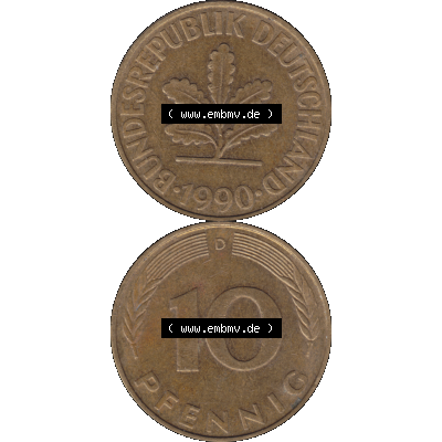 BRD Münzen 10 Pf. Umlaufmünze in PNG 1950-2001, 10 Pfennig 1990 D-01. Vorderseite und Rückseite auf einen Bild / Foto vertikal untereinander zusammengefügt,... Sammlung