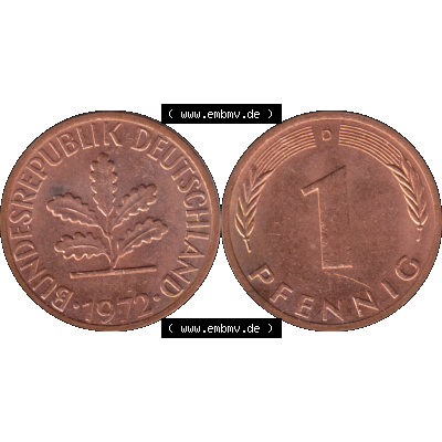BRD Münzen in PNG 1950-2001, 1 Pfennig der BRD Deutschland 1972, 1970er Jahre Mzz. München D-01. Die PNG-Grafik zeigt eine 1 Pfennig Münze der Bundesrepublik Deutschland.... Sammlung