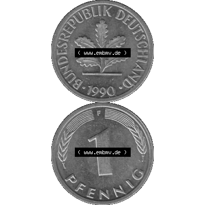 BRD Münzen 1 Pfennig Umlaufmünze in Graustufen PNG 1950-2001, 1 Pfennig 1990, 1990er Jahre Mzz. F-01. Graues-Bild 1 Pfennig F aus farbigen Bild erstellt mit Vorderseite... Sammlung