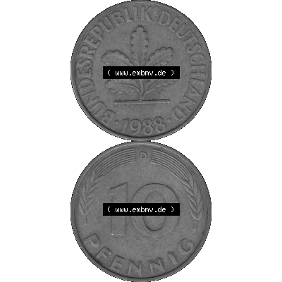 BRD Münzen 10 Pf. Umlaufmünze in PNG 1950-2001, 10 Pfennig 1988 D-10 Graustufen. Graustufen-Bild erstellt aus Farbigen Bild mit Vorderseite und Rückseite auf einen Bild... Sammlung
