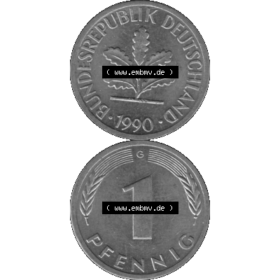 BRD Münzen 1 Pfennig BRD-Deutschland Umlaufmünze in Graustufen PNG 1950-2001, 1 Pfennig 1990, 1990er Jahre Münzstätte Karlsruhe G-01. Graustufen-Bild erstellt aus... Sammlung