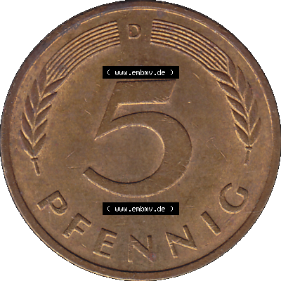 BRD Münzen 5 Pf., Umlaufmünze 1950-2001, 5 Pfennig Deutschland der BRD, 1979 Münzstätte München Mzz. D-01. Rückseite mit Wert-Zahl der... Sammlung