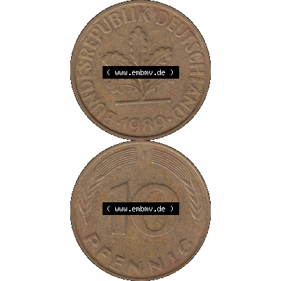 BRD Münzen 10 Pf. Umlaufmünze in PNG 1950-2001, 10 Pfennig 1989 F-03. Vorderseite und Rückseite auf einen Bild / Foto vertikal untereinander zusammengefügt,... Sammlung
