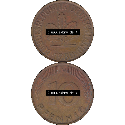 BRD Münzen 10 Pf. Umlaufmünze in PNG 1950-2001, 10 Pfennig 1980 G-01. Vorderseite und Rückseite auf einen Bild / Foto vertikal untereinander zusammengefügt,... Sammlung