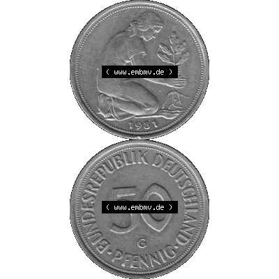 BRD Münzen Deutschland G 50 Pf. Umlaufmünze in Graustufen PNG 1950-2001, 50 Pfennig 1981 Münzzeichen "G" für Karlsruhe - "G"-01 Graustufen. PNG... Sammlung
