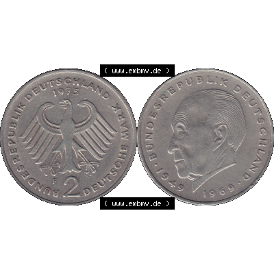 BRD Münzen 2 DM, Gedenkmünze in PNG 1969-1987, 2 DM, Deutsche Mark Konrad Adenauer 1975 Münzzeichen Mzz Stuttgart F-1. Vorderseite und Rückseite mit Deutschen... Sammlung