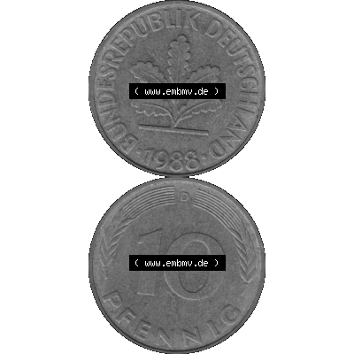BRD Münzen 10 Pf. Umlaufmünze in PNG 1950-2001, 10 Pfennig 1988 D-13 Graustufen. Graustufen-Bild erstellt aus Farbigen Bild mit Vorderseite und Rückseite auf einen Bild... Sammlung