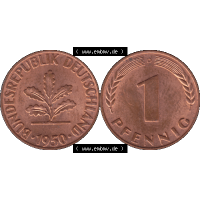 BRD Münzen in PNG 1950-2001, 1 Pfennig der BRD Deutschland 1950, 1950er Jahre Mzz. München D-01. Die PNG-Grafik zeigt eine 1 Pfennig Münze der Bundesrepublik Deutschland.... Sammlung