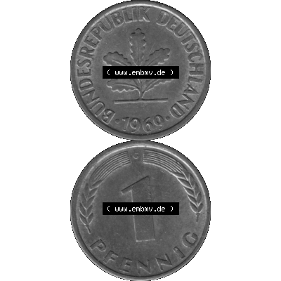 BRD Münzen 1 Pfennig BRD-Deutschland Umlaufmünze in Graustufen PNG 1950-2001, 1 Pfennig 1969, 1960er Jahre Münzstätte Karlsruhe G-01. Graustufen-Bild erstellt aus... Sammlung