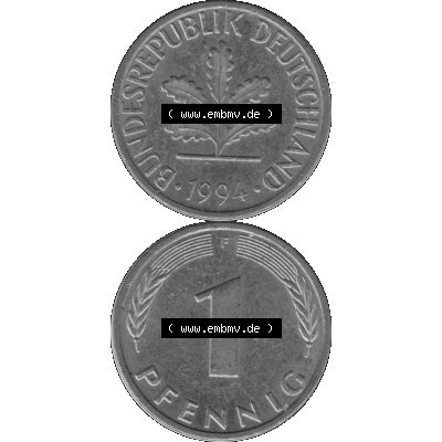 BRD Münzen 1 Pfennig Umlaufmünze in Graustufen PNG 1950-2001, 1 Pfennig 1994, 1990er Jahre Mzz. F-01. Graues-Bild 1 Pfennig F aus farbigen Bild erstellt mit Vorderseite... Sammlung