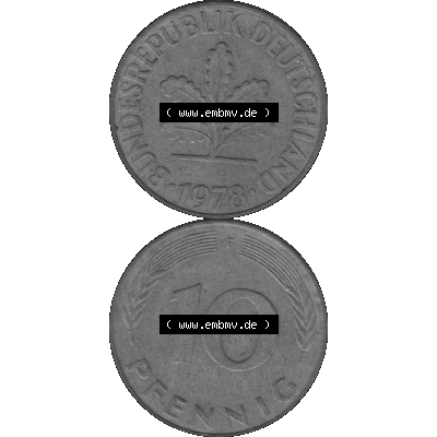 BRD Münzen 10 Pf. Umlaufmünze in PNG 1950-2001, 10 Pfennig 1978 F-01 Graustufen. Graues-Bild aus farbigen Bild erstellt mit Vorderseite und Rückseite auf einen Bild /... Sammlung