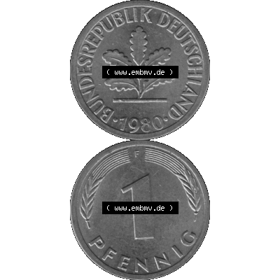 BRD Münzen 1 Pfennig Umlaufmünze in Graustufen PNG 1950-2001, 1 Pfennig 1980, 1980er Jahre Mzz. F-01. Graues-Bild 1 Pfennig F aus farbigen Bild erstellt mit Vorderseite... Sammlung