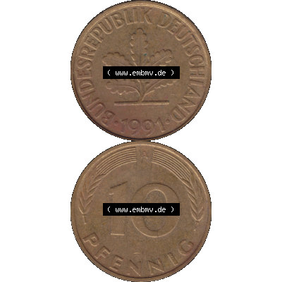 BRD Münzen 10 Pf. Umlaufmünze in PNG 1990-2001, 10 Pfennig 1991 A-01. Vorderseite und Rückseite auf einen Bild / Foto vertikal untereinander zusammengefügt,... Sammlung