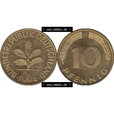 BRD Münzen 10 Pf. Umlaufmünze in PNG 1950-2001, 10 Pfennig 1994 D-02. Vorderseite und Rückseite mit Wert-Zahl auf einen Bild / Foto der digitalisierten 10 Pfennig... Sammlung