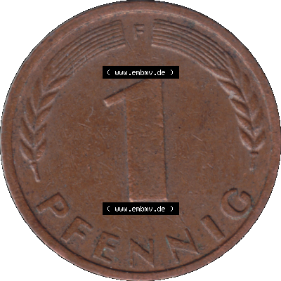 BRD Münzen 1 Pfennig Umlaufmünze in PNG 1948-1949, 1 Pfennig 1949, 1950er Jahre Stuttgart F-01. Rückseite mit Wert-Zahl der digitalisierten 1 Pfennig F, mit Mzz.... Sammlung