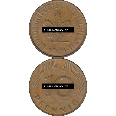 BRD Münzen 10 Pf. Umlaufmünze in PNG 1950-2001, 10 Pfennig 1991 F-05. Vorderseite und Rückseite auf einen Bild / Foto vertikal untereinander zusammengefügt,... Sammlung