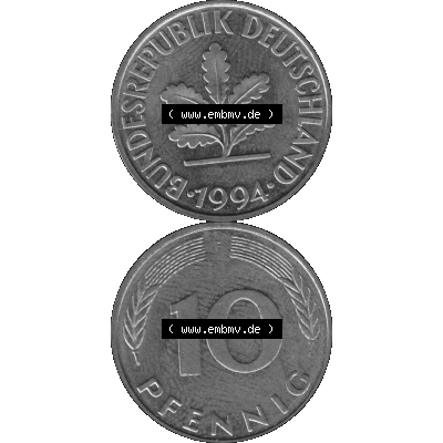 BRD Münzen 10 Pf. Umlaufmünze in PNG 1950-2001, 10 Pfennig 1994 F-01 Graustufen. Graues-Bild aus farbigen Bild erstellt mit Vorderseite und Rückseite auf einen Bild /... Sammlung