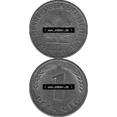 BRD Münzen 1 Pfennig BRD-Deutschland Umlaufmünze in Graustufen PNG 1950-2001, 1 Pfennig 1970, 1970er Jahre Münzstätte Karlsruhe G-01. Graustufen-Bild erstellt aus... Sammlung