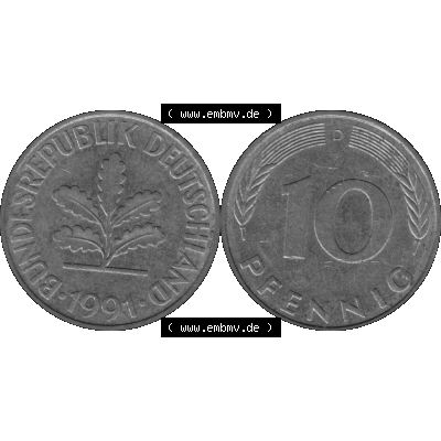 BRD Münzen 10 Pf. Umlaufmünze in PNG 1950-2001, 10 Pfennig 1991 D-10 Graustufen. Graustufen-Bilder der Vorderseite und Rückseite mit Wert-Zahl auf einen Bild / Foto... Sammlung