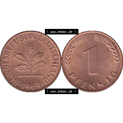 BRD Münzen in PNG 1950-2001, 1 Pfennig der BRD Deutschland 1969, 1960er Jahre Mzz. München D-01. Die PNG-Grafik zeigt eine 1 Pfennig Münze der Bundesrepublik Deutschland.... Sammlung