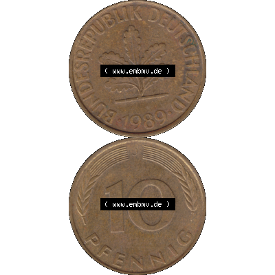 BRD Münzen 10 Pf. Umlaufmünze in PNG 1950-2001, 10 Pfennig der Bundesrepublik Deutschland 1989 Münzstätte Hamburg Mzz. J-01. Vorderseite und Rückseite... Sammlung