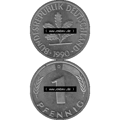 BRD Münzen 1 Pfennig Umlaufmünze in Graustufen PNG 1950-2001, 1 Pfennig 1990 München D-01. Graustufen-Bild erstellt aus Farbigen Bild mit Vorderseite und Rückseite auf... Sammlung