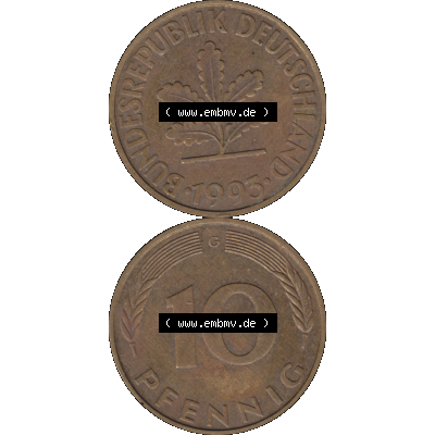 BRD Münzen 10 Pf. Umlaufmünze in PNG 1950-2001, 10 Pfennig 1993 G-01. Vorderseite und Rückseite auf einen Bild / Foto vertikal untereinander zusammengefügt,... Sammlung